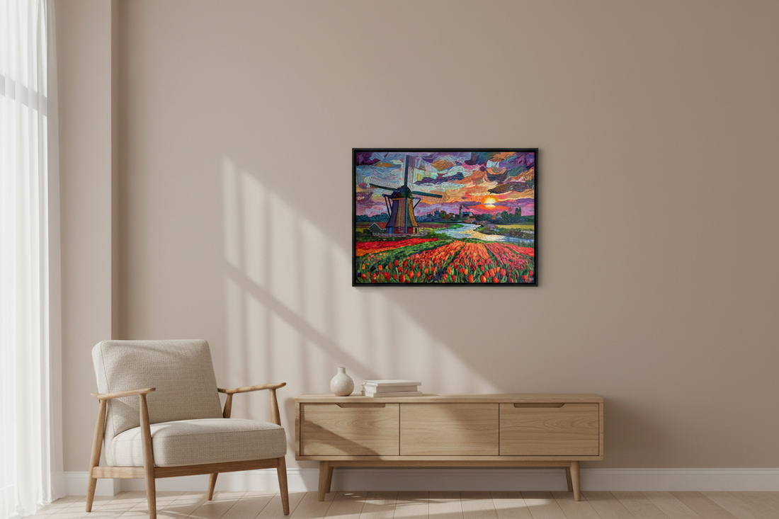 Painting hanging at eye level above furniture in a living room