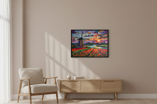 Painting hanging at eye level above furniture in a living room